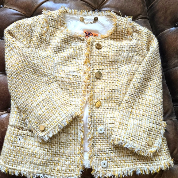 Tory Burch cream and gold tweed jacket size 0 - Picture 1 of 2